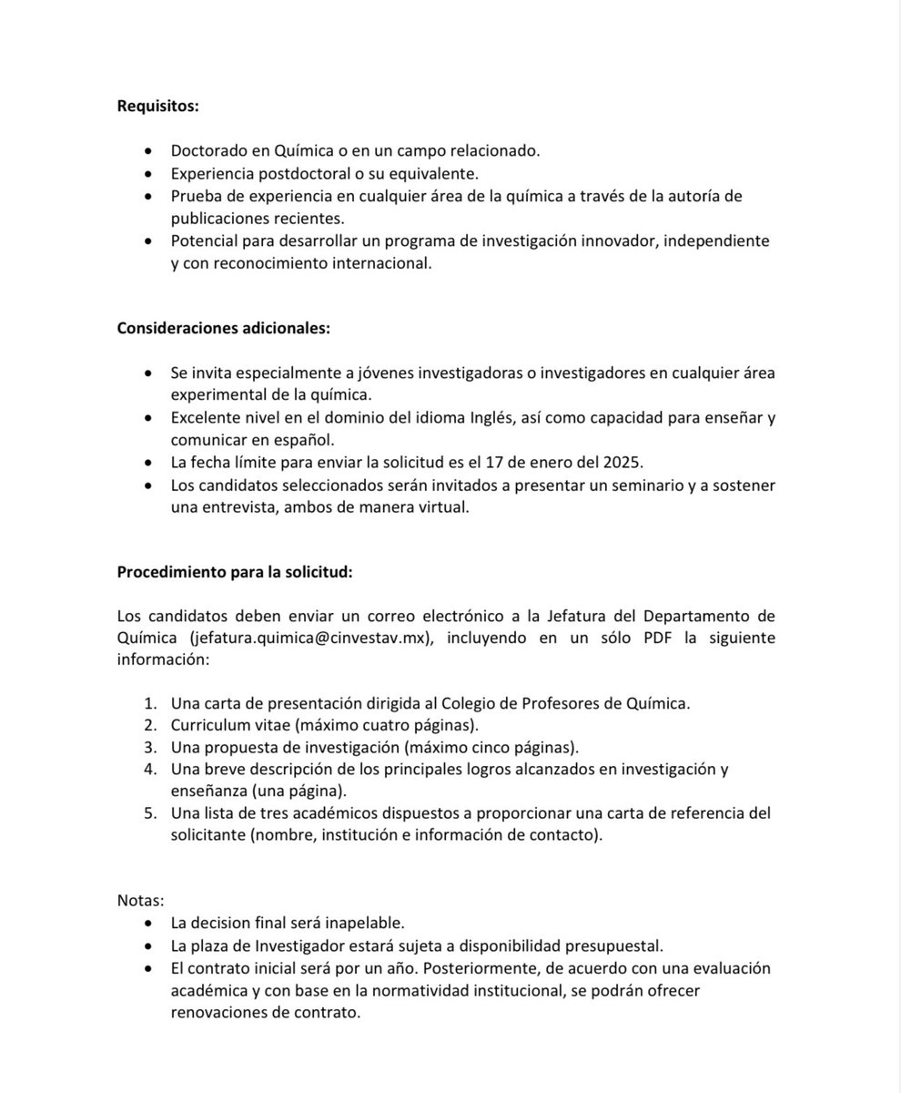 Si estás interesado en unirte al Departamento de Química del <a href="/cinvestav/">Cinvestav</a> como Profesor investigador, postula a la convocatoria. Esperamos un nuevo colega entusiasta que se una a nuestro reconocido centro de investigación en Ciudad de México. portal.cinvestav.mx/zacatenco/quim…