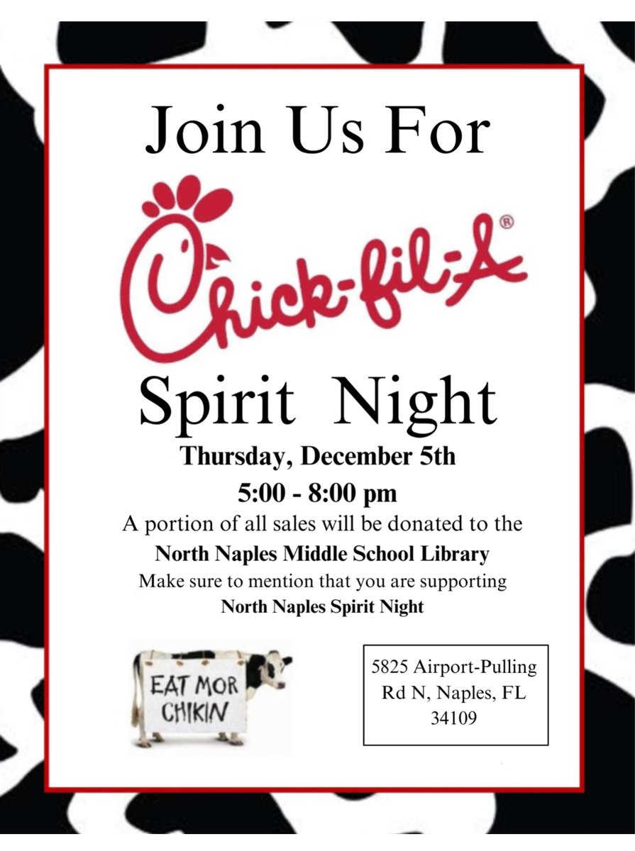 Join us Thursday, December 5th at Chick-fil-A (5825 Airport-Pulling Road N) between 5-8pm to support NNMS Library <a href="/NNMSWildcats/">NNMS</a>  <a href="/NNMSPTO/">NNMS PTO</a> <a href="/collierschools/">Collier County Public Schools</a>