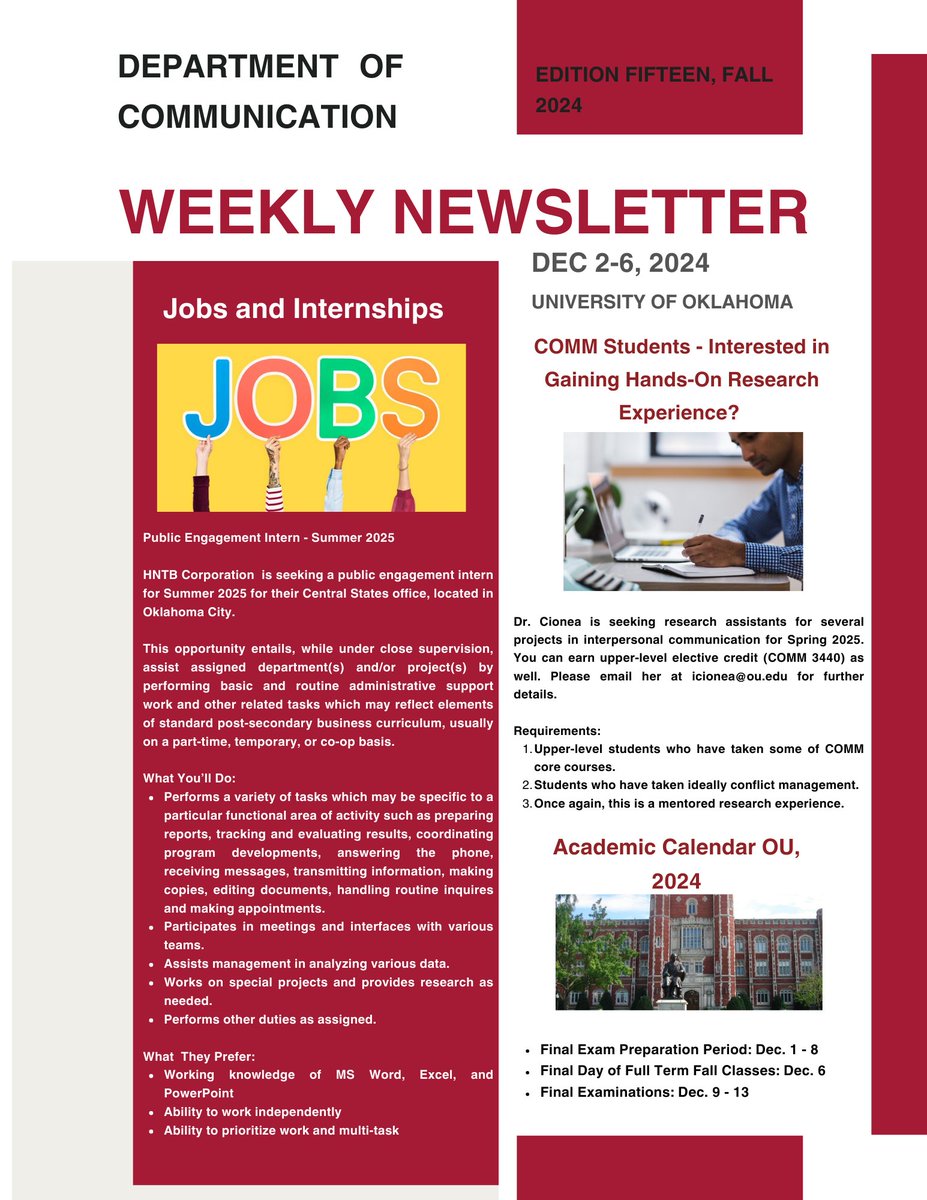 Welcome back from break! The Comm Dept newsletter is here with lots of events to prepare and tips for finals! We wish everyone best of luck finishing up the semester