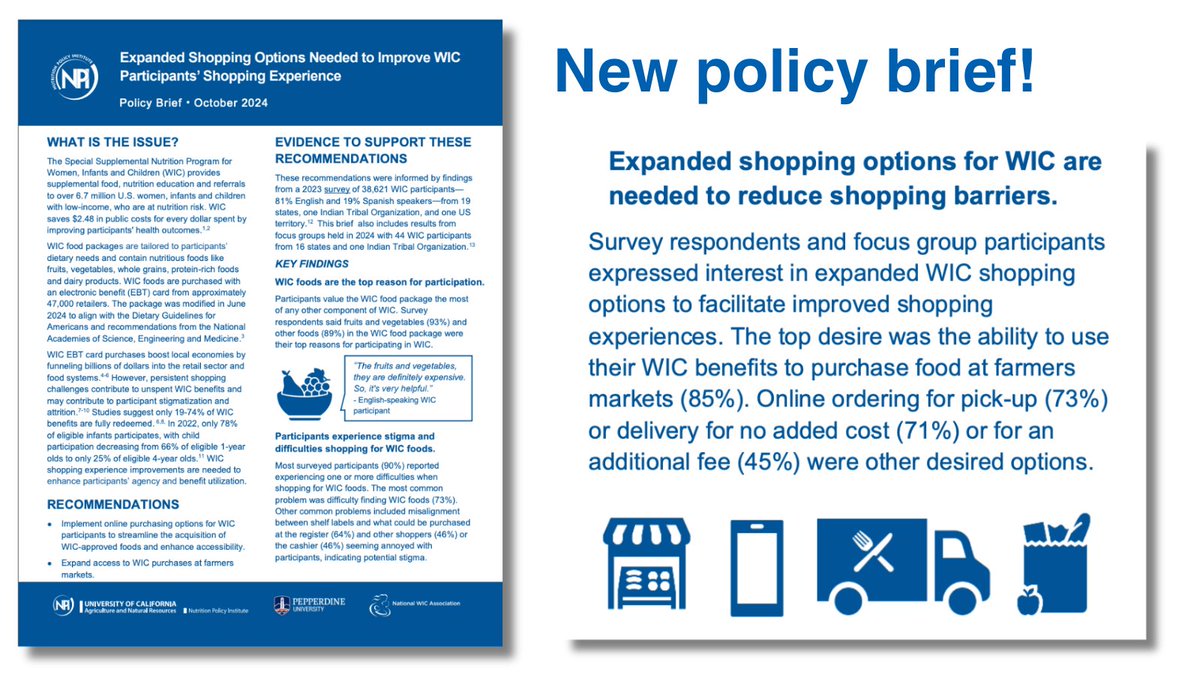 New policy brief recommends expanded shopping options like online shopping and farmers market purchases to improve #WIC participants’ shopping experience to enhance participants’ agency and benefit redemption. 🛒 ucanr.edu/sites/NewNutri…