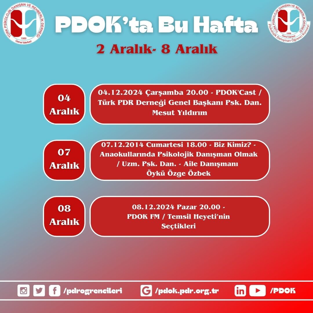 Merhaba Sevgili PDOK Ailesi ☀️

Önümüzdeki hafta gerçekleştireceğimiz etkinliklerin takvimini sizlerle paylaşıyoruz. Etkinliklerin başvurularına ilişkin afişler ve formlar önümüzdeki günlerde paylaşılacaktır. ☺️

<a href="/turkpdrdernegi/">Türk PDR Der- Psikolojik Danışma ve Rehberlik</a> 
<a href="/pdrogrencileri/">PDOK</a>