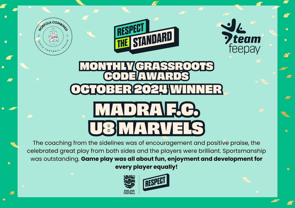 Norfolk Combined Youth Football League (@norfolkcyfl) on Twitter photo We are delighted to announce <a href="/OldCattonJFC/">Old Catton Junior FC</a> U13 Pumas and <a href="/MADRAFC/">MADRA FC</a> U8 Marvels were the winners of the first Grassroots Code Awards supported by <a href="/teamfeepay/">TeamFeePay</a>! Both teams will be presented with a £50 voucher of their choosing and a framed certificate for their efforts 👏 We are delighted to announce <a href="/OldCattonJFC/">Old Catton Junior FC</a> U13 Pumas and <a href="/MADRAFC/">MADRA FC</a> U8 Marvels were the winners of the first Grassroots Code Awards supported by <a href="/teamfeepay/">TeamFeePay</a>! Both teams will be presented with a £50 voucher of their choosing and a framed certificate for their efforts 👏