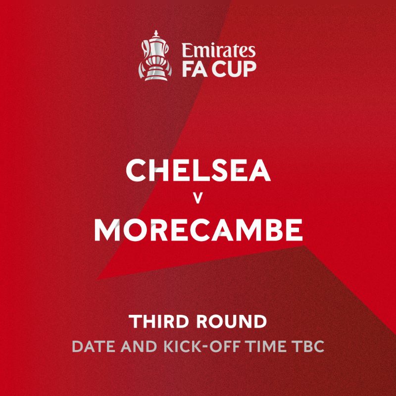 MorecambeFC's tweet photo. We will face @ChelseaFC away from home in the Third Round of the @EmiratesFACup 🏆

#UTS 🦐 | #CHEvMOR
