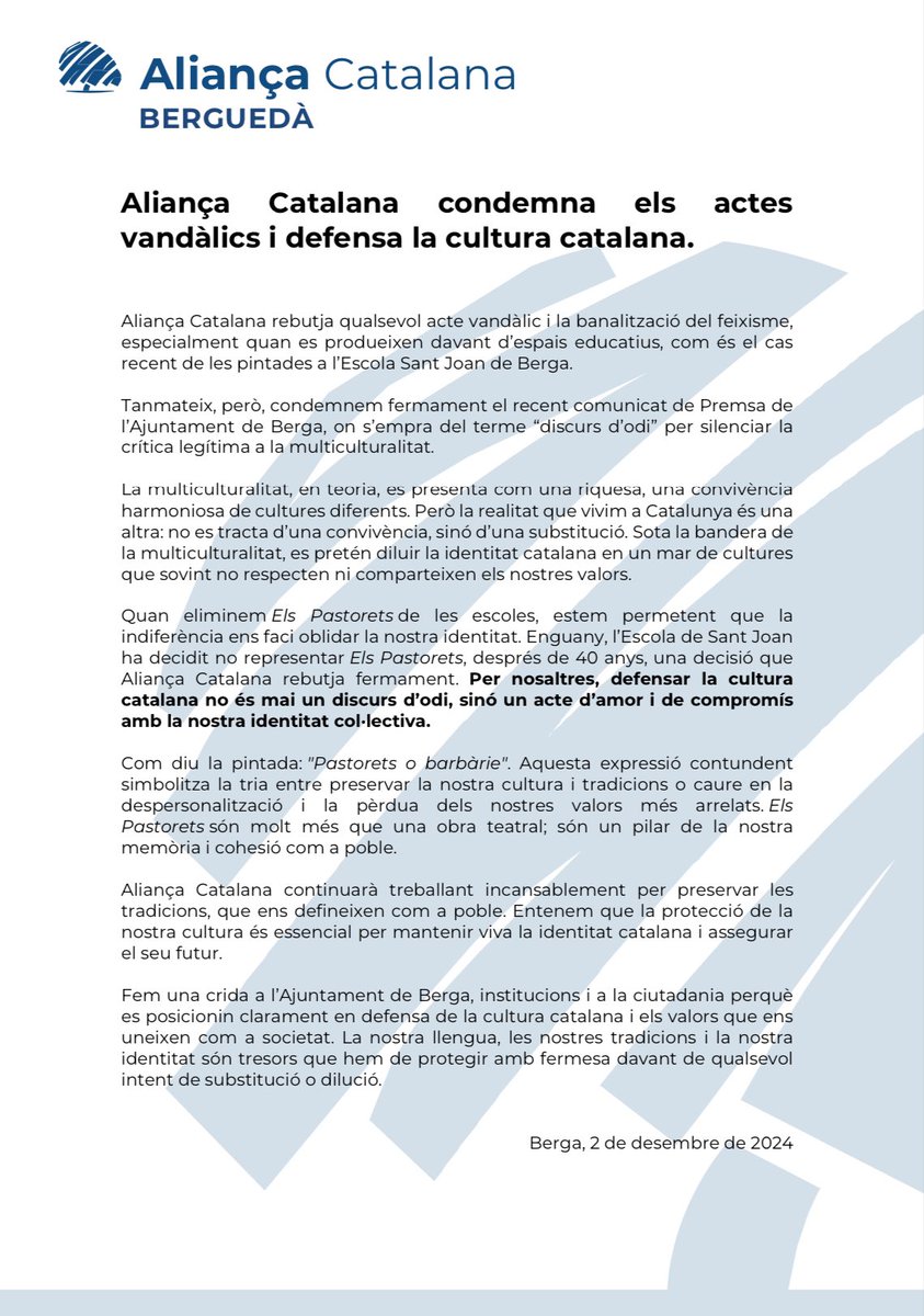 BerguedaAC's tweet photo. ⚠️ Nota de premsa d’Aliança Catalana sobre la decisió de no fer Els Pastorets a l’Escola de Sant Joan de Berga.

#SalvemBerga
💙#SalvemCatalunya https://t.co/niRO1IOWTj