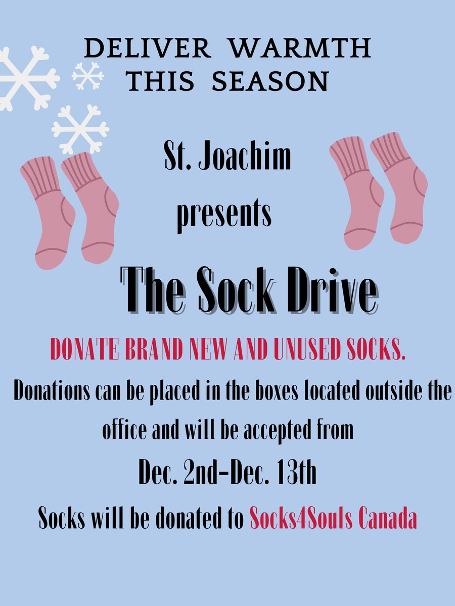 Giovanna Russo (@mrsgrusso) on Twitter photo Today our sock drive has begun ! We will be collecting brand new/unused socks.
With over 9,000 people living on the streets, the need for clean, new socks is greater than ever! <a href="/socks4soulsca/">Socks 4 Souls Canada</a>
Thanks for your support !
<a href="/StJoachimDPCDSB/">St. Joachim DPCDSB</a> Today our sock drive has begun ! We will be collecting brand new/unused socks.
With over 9,000 people living on the streets, the need for clean, new socks is greater than ever! <a href="/socks4soulsca/">Socks 4 Souls Canada</a>
Thanks for your support !
<a href="/StJoachimDPCDSB/">St. Joachim DPCDSB</a>