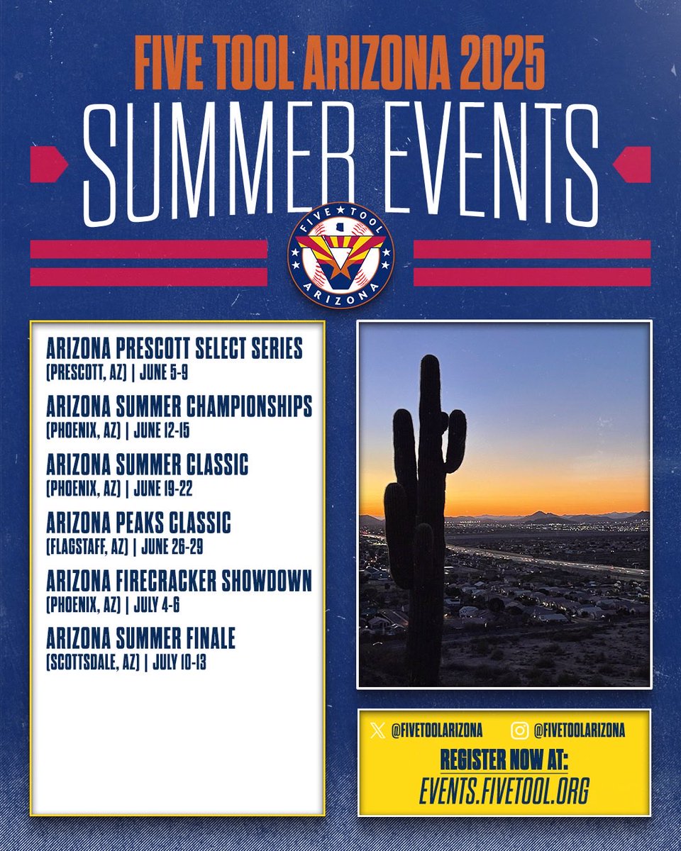 FiveToolAZ's tweet image. 🌵2025 @FiveTool Arizona Summer Events🏜️
🗓️June-July
📍Prescott, Phoenix, Flagstaff, Scottdale
🧢15U-18U
📱Full social media coverage
REGISTER » events.fivetool.org/label/arizona
#WatchEm