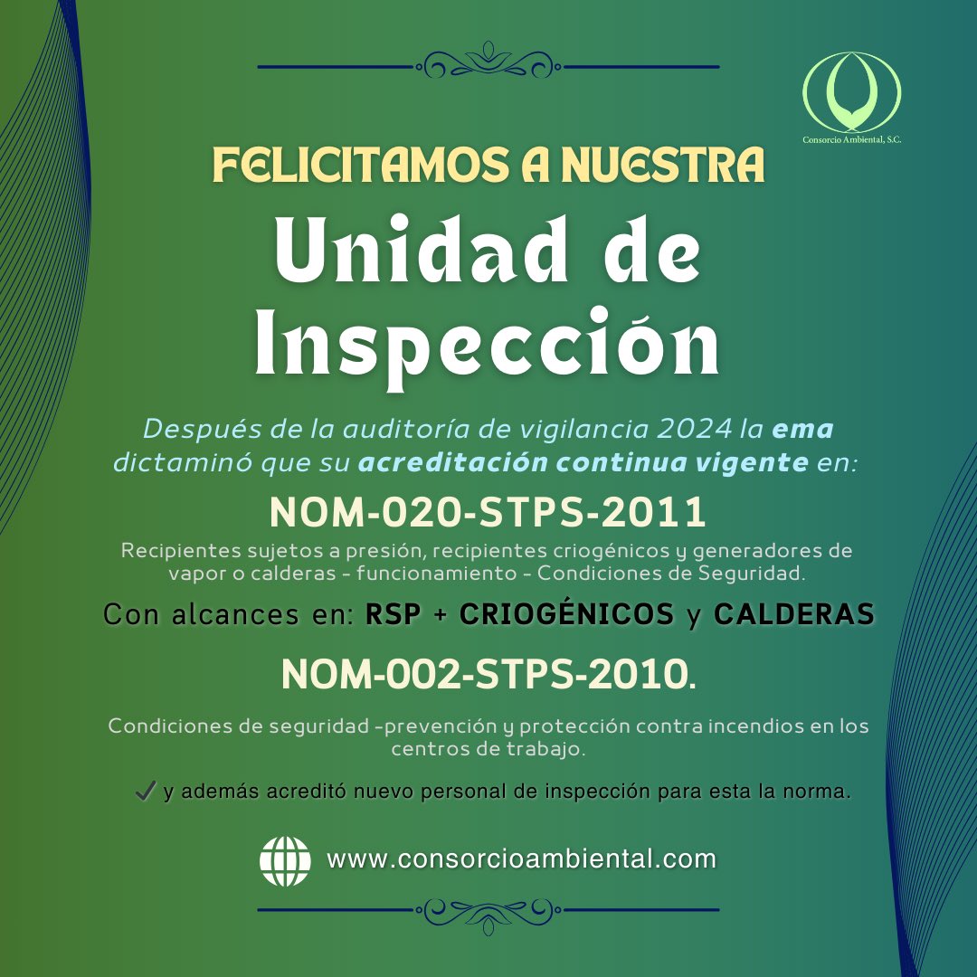 Queremos felicitar a nuestro equipo de la Unidad de Inspección por su excelente desempeño ante la auditoría de vigilancia 2024, en la cual la ema dictaminó que su acreditación continua vigente en las siguientes normas:

✅ NOM-020-STPS-2011

✅ NOM-002-STPS-2010