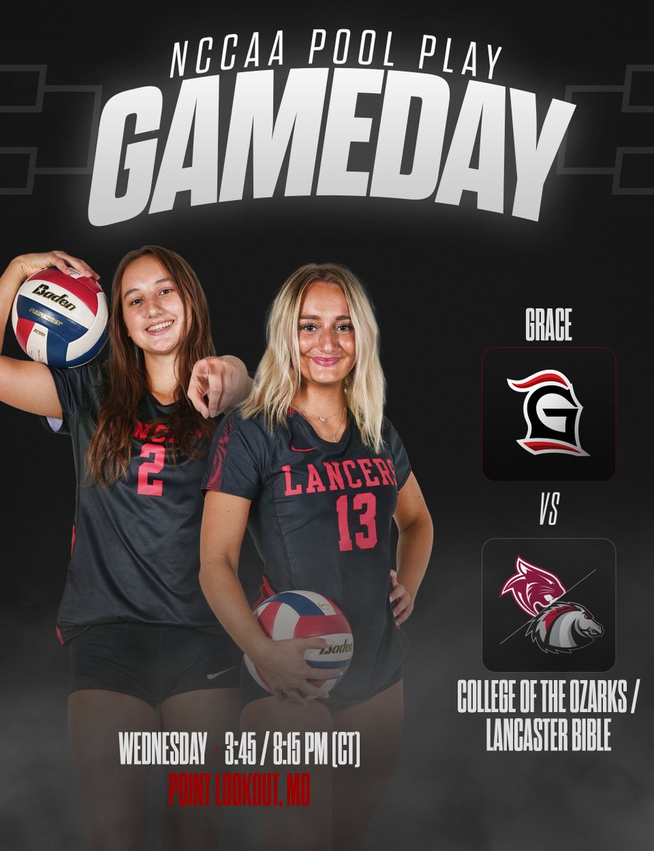 Grace Athletics (@gracelancers) on Twitter photo It's time for nationals!
<a href="/GCVB_Lancers/">Grace Volleyball</a> kicks off pool play with 2 matches today at NCCAA Nationals!
3:45pm (CT) - vs Ozarks
8:15pm (CT) - vs Lancaster Bible
πΊ - nccaanetwork.com
π - thenccaa.org/sidearmstats/wβ¦ It's time for nationals!
<a href="/GCVB_Lancers/">Grace Volleyball</a> kicks off pool play with 2 matches today at NCCAA Nationals!
3:45pm (CT) - vs Ozarks
8:15pm (CT) - vs Lancaster Bible
πΊ - nccaanetwork.com
π - thenccaa.org/sidearmstats/wβ¦