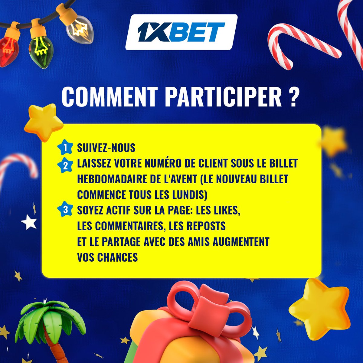 1xbet_mali's tweet photo. 🎁 Découvrez l’Avent de décembre avec #1xBet ! 🎄
Des cadeaux chaque semaine et des surprises incroyables vous attendent. 😍

Suivez nos actus, restez actif et déposez votre ID sous le post Avent pour tenter de gagner des prix incroyables ! ✨

#AventContest #1xBetFootball https://t.co/HbVBoVoWh7