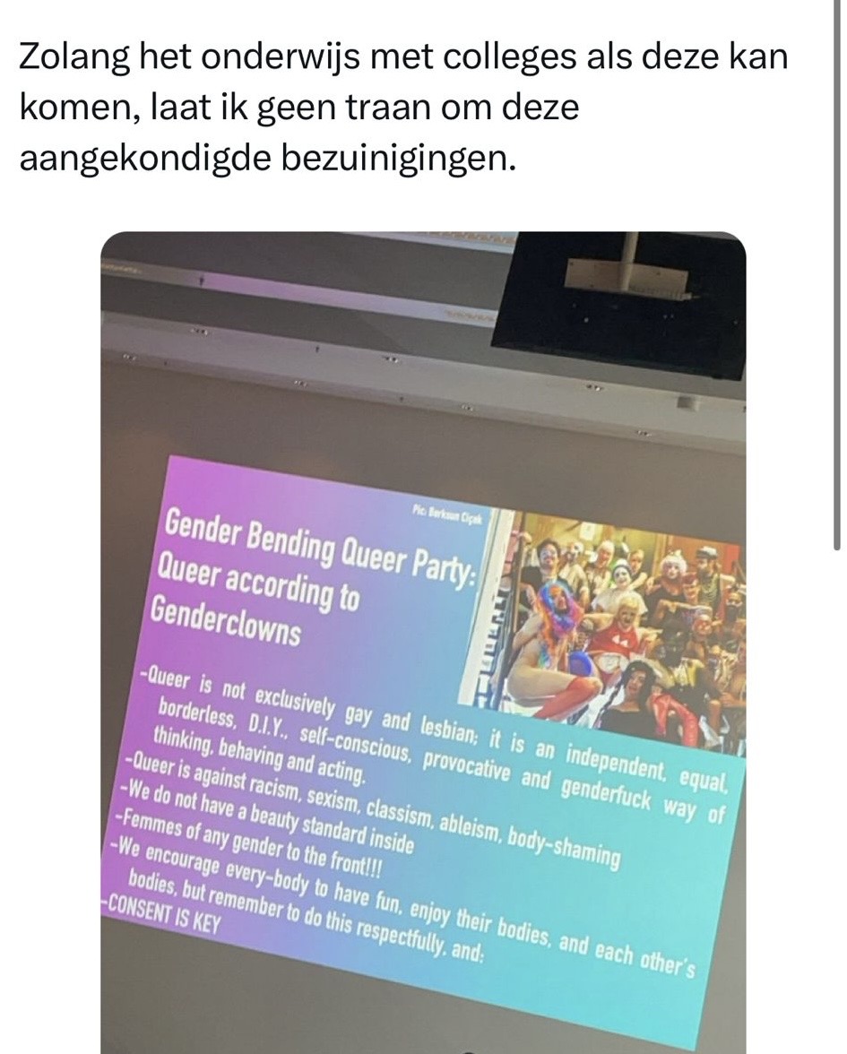 Morgen moet een VU-student naar aanleiding van dit bericht op X op gesprek komen. Zowel de opleidingsdirecteur als vakcoördinator zijn hierbij aanwezig.

VSP steunt deze student en vindt dat alle vormen van woke-activisme binnen colleges aangekaart moeten kunnen worden.