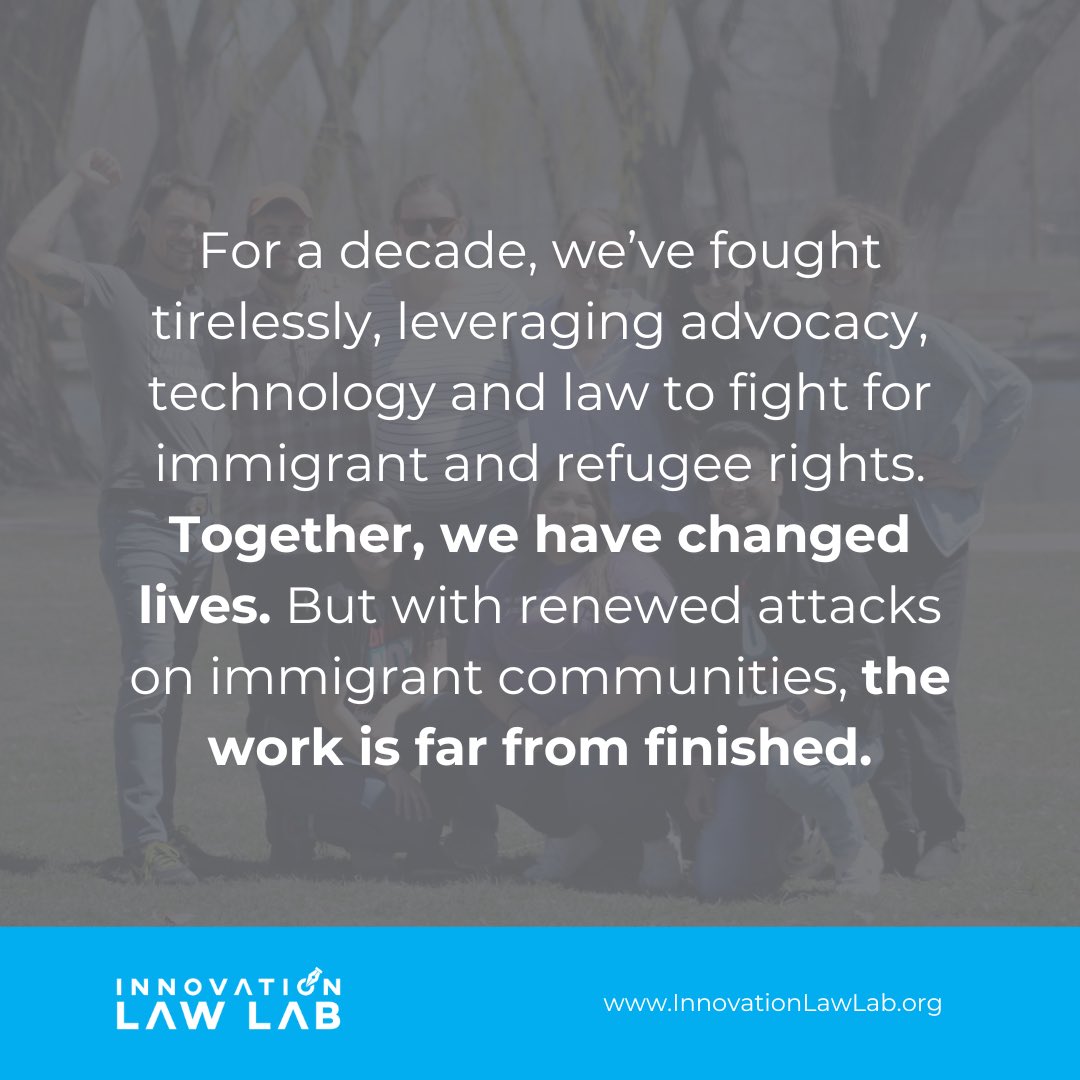 Join us tomorrow for #GivingTuesday, in continuing this fight. Together, we can create a future where all immigrant people are treated with the dignity and respect they deserve.

Donate by visiting innovationlawlab.org/donate

#ImmigrantJustice #10YearsOfImpact