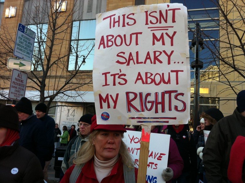 Scott Walker’s anti-labor ACT 10 law was struck down today by Dane County Circuit Court Judge Jacob Frost, who ruled the assault on collective bargaining rights was unconstitutional—as Walker protected the rights of some public workers, while gutting rights of others.

1/3