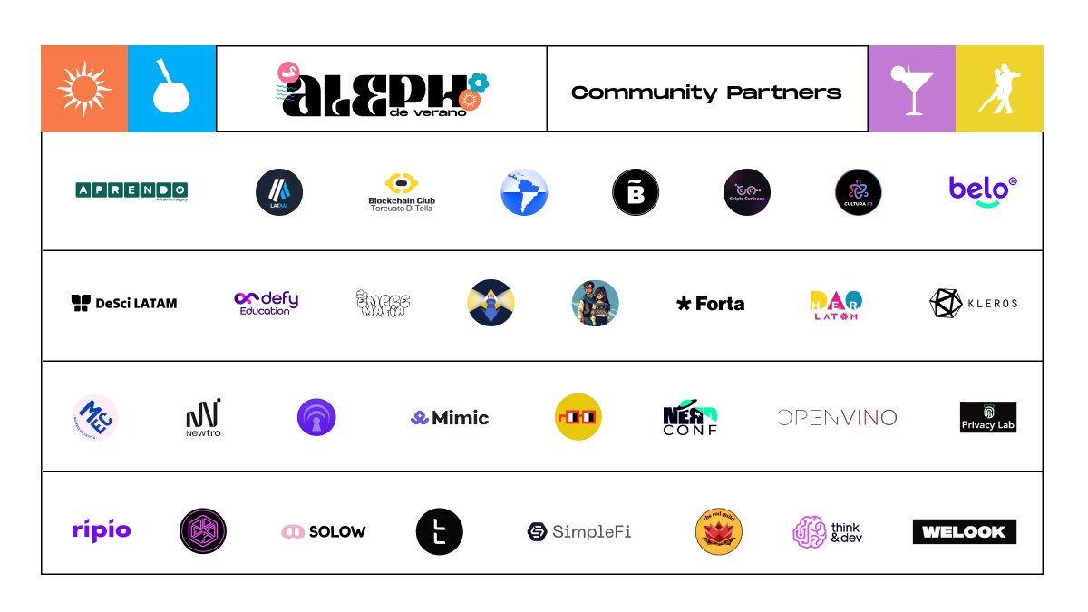 We thank our incredible Community Partners for joining Aleph de Verano and giving us their radiant support and collaboration 🫂☀

<a href="/APRENDOlatam/">APRENDO 👋🏼</a> <a href="/arbitrum_latam/">Arbitrum LATAM (💙,🧡)</a> <a href="/baselatam/">Base LatAm</a> <a href="/buidlerstech/">Buidlers</a> <a href="/CriptoCuriosas/">Cripto Curiosas 💜🔍</a> <a href="/cultura_c3/">Cultura C3</a> <a href="/belo_app/">belo 🌎</a> <a href="/DeSciLATAM/">DeSci LATAM</a> <a href="/DefyEducation/">DefyEducation 🦇🔊</a> <a href="/EthereumUruguay/">EthereumUruguay</a>