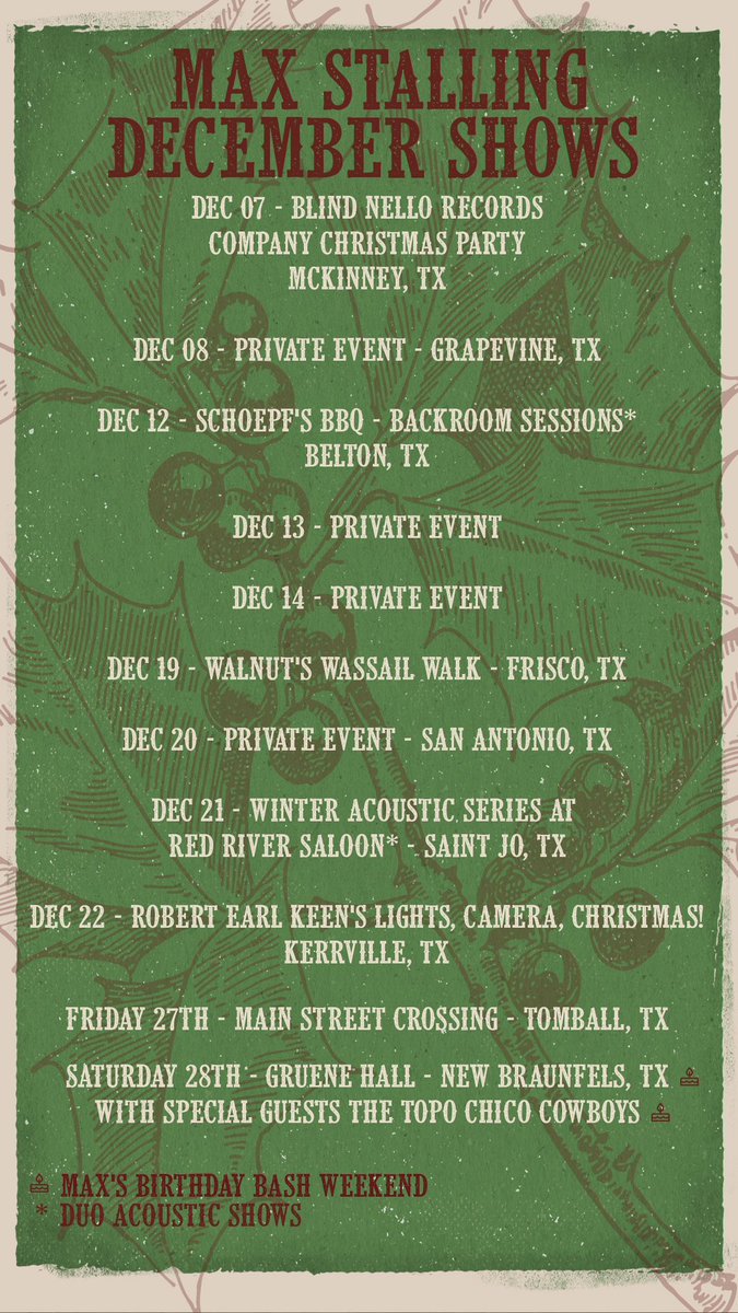 Max Stalling (@maxstalling) on Twitter photo The last month of the year shaping up to be the best month of the year!
Lots of fun stuff on the calendar. Find something near you & come see us!
<a href="/RedRiverStation/">Red River Station</a> <a href="/robertearlkeen/">Robert Earl Keen</a> <a href="/GrueneHallTX/">Official GrueneHall</a> <a href="/HeatherFiddle/">Heather Stalling</a> <a href="/ShinerBeer/">Shiner Beer</a> <a href="/MacieBeanBoots/">Macie Bean </a> The last month of the year shaping up to be the best month of the year!
Lots of fun stuff on the calendar. Find something near you & come see us!
<a href="/RedRiverStation/">Red River Station</a> <a href="/robertearlkeen/">Robert Earl Keen</a> <a href="/GrueneHallTX/">Official GrueneHall</a> <a href="/HeatherFiddle/">Heather Stalling</a> <a href="/ShinerBeer/">Shiner Beer</a> <a href="/MacieBeanBoots/">Macie Bean </a>