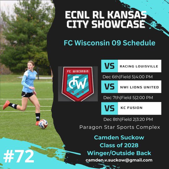 Excited to play this weekend in the ECNL RL showcase in Kansas City! Come watch the FC Wisconsin 09 RL girls play!  

<a href="/FCW_ECNL/">FC Wisconsin Girls Soccer</a> <a href="/ECNLgirls/">ECNL Girls</a> <a href="/ImYouthSoccer/">ECNL/GA/Recruiting/College Soccer</a> <a href="/PrepSoccer/">Prep Soccer ⚽️</a> <a href="/TheSoccerWire/">SoccerWire</a> <a href="/TopDrawerSoccer/">TopDrawerSoccer</a> <a href="/levelonesoccer/">Level One Soccer</a> <a href="/ImCollegeSoccer/">College Soccer Truth ™</a>