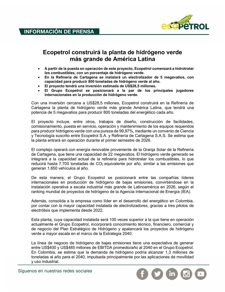 ricroabar's tweet photo. ¡Hoy anunciamos una gran noticia para el país!  Construiremos la planta de hidrógeno verde más grande de Latinoamérica, en la #RefineríaDeCartagena, con una inversión de US$28,5 millones. Esta innovadora planta producirá 800 Tn anuales de hidrógeno verde con una pureza del 99,97% https://t.co/DA4338pNGk