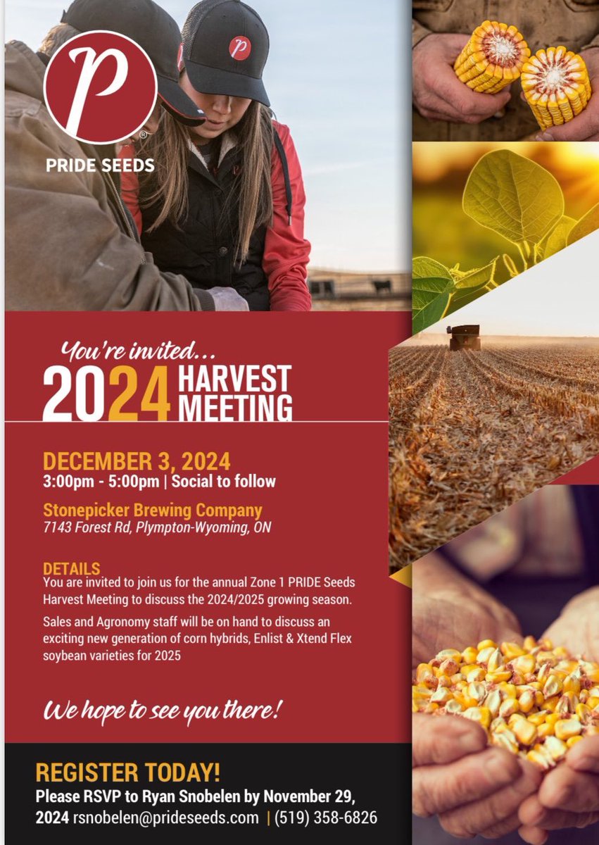 Harvest Meeting tomorrow at Stonepicker Brewing near Forest! Steph and I will be on hand to review ‘24 and help you prepare for ‘25 with PRIDE. Send us a message if you’d like to attend! #PRIDEinMyField #ontag
