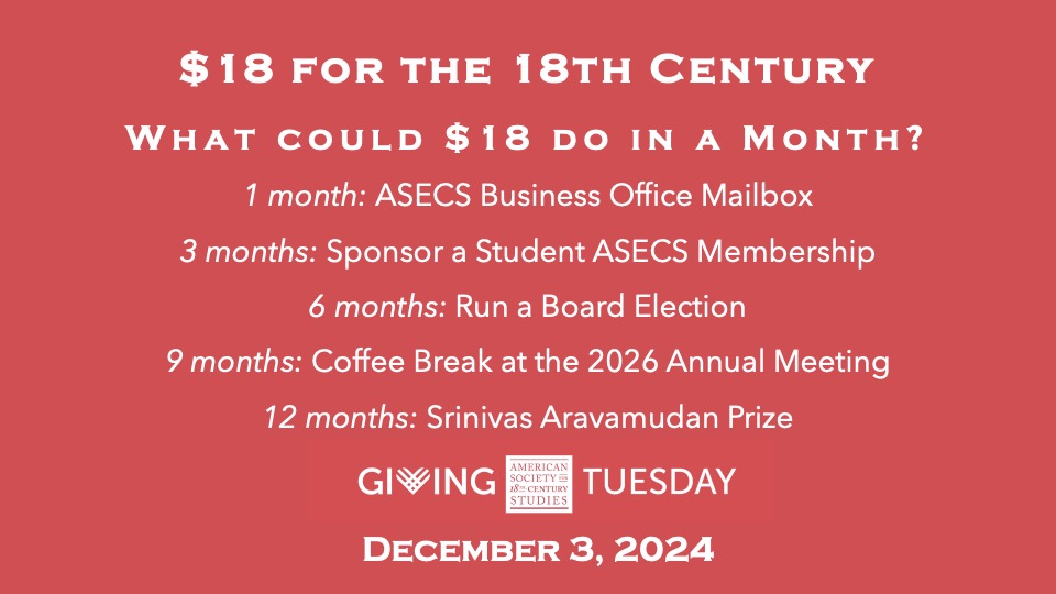 ASECS Office (@asecsoffice) on Twitter photo We're gearing up for #GivingTuesday at <a href="/ASECSOffice/">ASECS Office</a> - tomorrow, Dec. 3, 2024. There are so many things that $18 can do in a month for the study of the 18th Century! Stay tuned for more information! <a href="/ASECSWomen/">ASECS Women's Caucus</a> <a href="/18disability/">ASECS Disability Caucus</a> <a href="/asecstaps/">@ASECSTaPS</a> <a href="/ASECS_DH/">ASECS DH Caucus</a> <a href="/18ScienceCaucus/">ASECS ScienceStudies</a> We're gearing up for #GivingTuesday at <a href="/ASECSOffice/">ASECS Office</a> - tomorrow, Dec. 3, 2024. There are so many things that $18 can do in a month for the study of the 18th Century! Stay tuned for more information! <a href="/ASECSWomen/">ASECS Women's Caucus</a> <a href="/18disability/">ASECS Disability Caucus</a> <a href="/asecstaps/">@ASECSTaPS</a> <a href="/ASECS_DH/">ASECS DH Caucus</a> <a href="/18ScienceCaucus/">ASECS ScienceStudies</a>