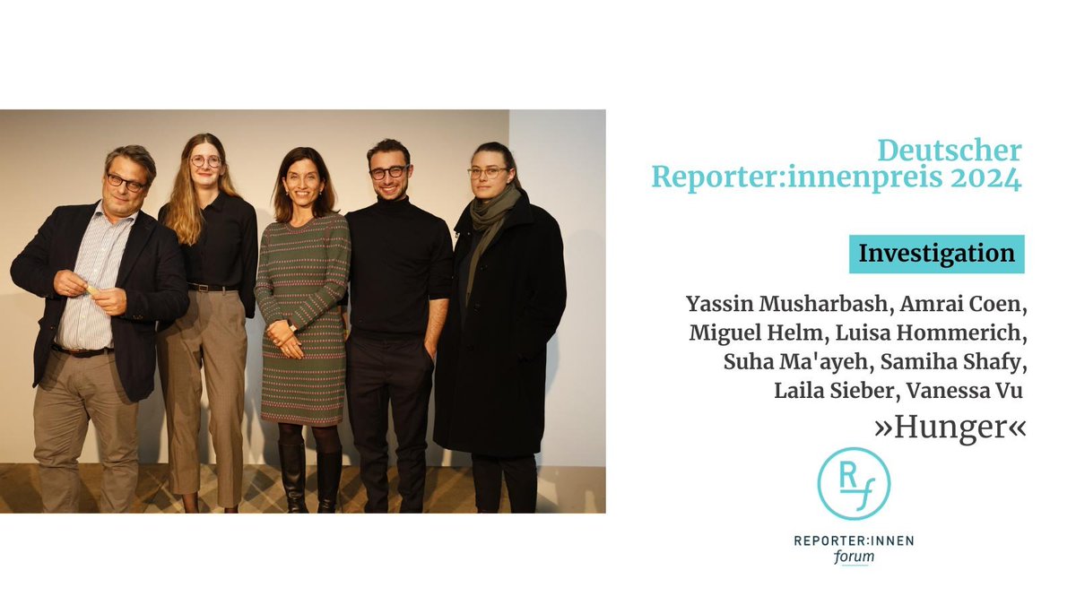 Mit ihrer Recherche “Hunger” gewinnen Yassin Musharbash, Amrai Coen, Miguel Helm, Luisa Hommerich, Suha Ma'ayeh, Samiha Shafy, Laila Sieber und Vanessa Vu den #ReporterInnenpreis in der Kategorie Investigation.

Zur Recherche 👉
reporterpreis.de/upload/19-2024…