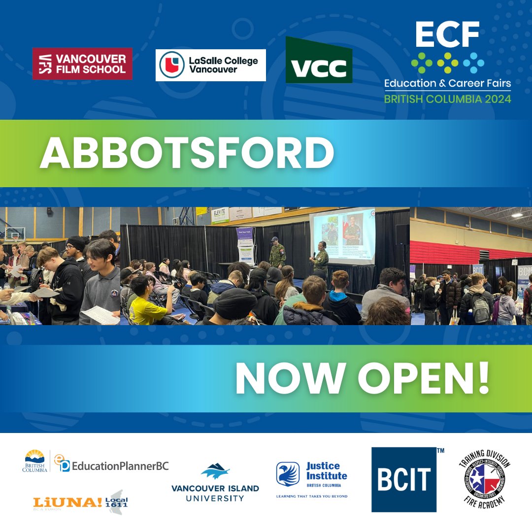 🎓 Abbotsford Education &amp; Career Fair is OPEN! 🎓

Students, join us today at Columbia Bible College, Abbotsford, BC! 

Explore career paths, meet amazing exhibitors, and plan your future.

🕘 Open until 2 PM - Walk-ins welcome!
🔗 educationcareerfairs.com

#ECF2024