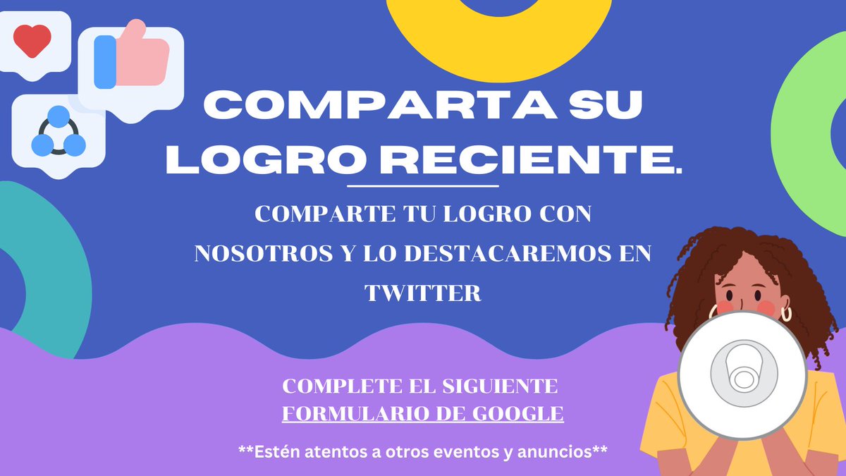 📣 ¿Lograste algo increíble recientemente?
¡Queremos celebrarlo contigo! 🎉
Comparte tu logro en nuestro formulario de Google forms.gle/xYnBBbJR32bJCB… y lo destacaremos en nuestra cuenta de Twitter. 🌟
¡Estén atentos a más eventos y anuncios!