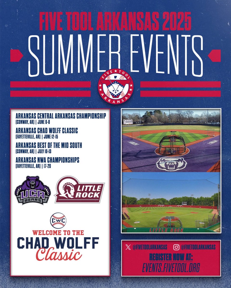 Five Tool Arkansas (@fivetoolar) on Twitter photo 🏞️2025 <a href="/FiveTool/">Five Tool Baseball</a> Arkansas Summer Events🐗
🗓️June-July
📍Conway, Fayetteville
🧢15U-18U
📱Full social media coverage
REGISTER » events.fivetool.org/label/arkansas
#WatchEm 🏞️2025 <a href="/FiveTool/">Five Tool Baseball</a> Arkansas Summer Events🐗
🗓️June-July
📍Conway, Fayetteville
🧢15U-18U
📱Full social media coverage
REGISTER » events.fivetool.org/label/arkansas
#WatchEm