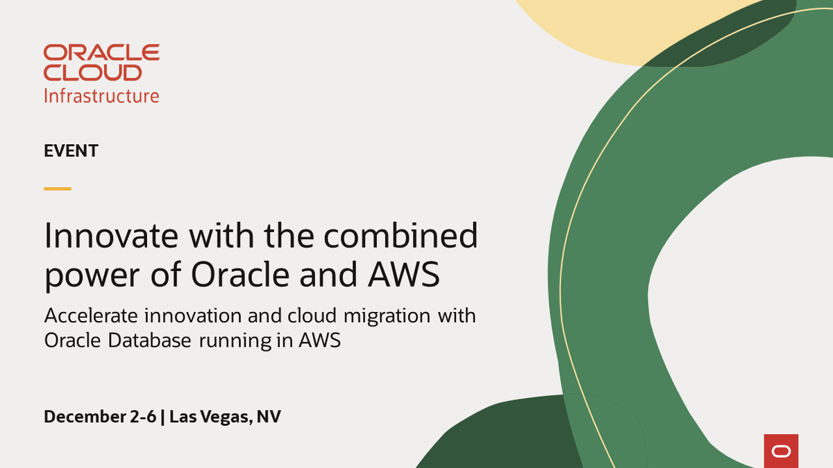 YohannesHM's tweet photo. Going to AWS re:Invent in Las Vegas? Stop by booth #804 and meet with Oracle #multicloud experts! Discover how you can accelerate innovation and cloud migration with Oracle Database services running in AWS. https://t.co/G7ym6JRZIs https://t.co/H6spOfAknf