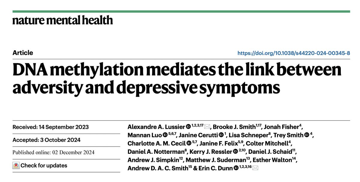Alex Lussier (@alussier17) on Twitter photo 🚨New paper out in <a href="/NatMentHealth/">Nature Mental Health</a> from my work with <a href="/ErinDunnScD/">Erin C Dunn, ScD, MPH</a> @MGH_RI! We found that childhood adversity leads to epigenetic changes that can increase OR reduce risk for depression. Let me explain... 🧵(1/7)
Read the paper here: nature.com/articles/s4422… 🚨New paper out in <a href="/NatMentHealth/">Nature Mental Health</a> from my work with <a href="/ErinDunnScD/">Erin C Dunn, ScD, MPH</a> @MGH_RI! We found that childhood adversity leads to epigenetic changes that can increase OR reduce risk for depression. Let me explain... 🧵(1/7)
Read the paper here: nature.com/articles/s4422…