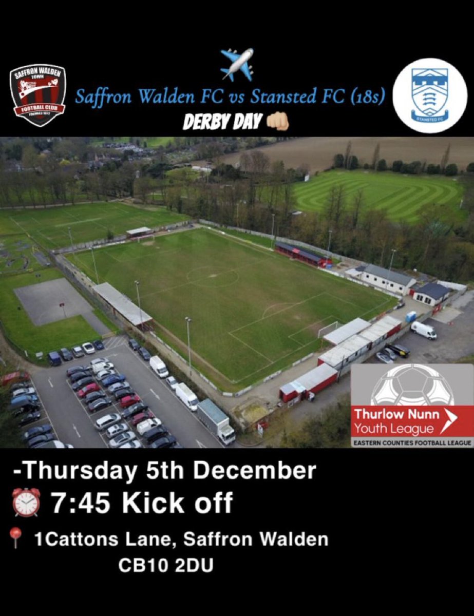 Derby day!!! This Thursday we are on the road as we play at Saffron Walden Town. Get yourself to Catons Lane for what promises to be a great game. #stanstedfc_u18s #stanstedfc #airportarmy🔵✈️