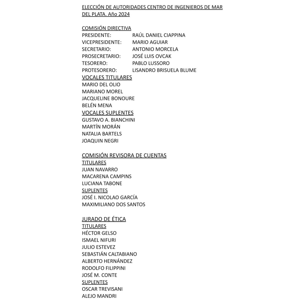 COMISIÓN DIRECTIVA del CENTRO DE INGENIEROS DE MAR DEL PLATA 

El día 25/11/24 de realizó la Asamblea anual del Centro de Ingenieros de Mar del Plata. En la misma se presentó ante los asambleístas  concurrentes la memoria y balance.