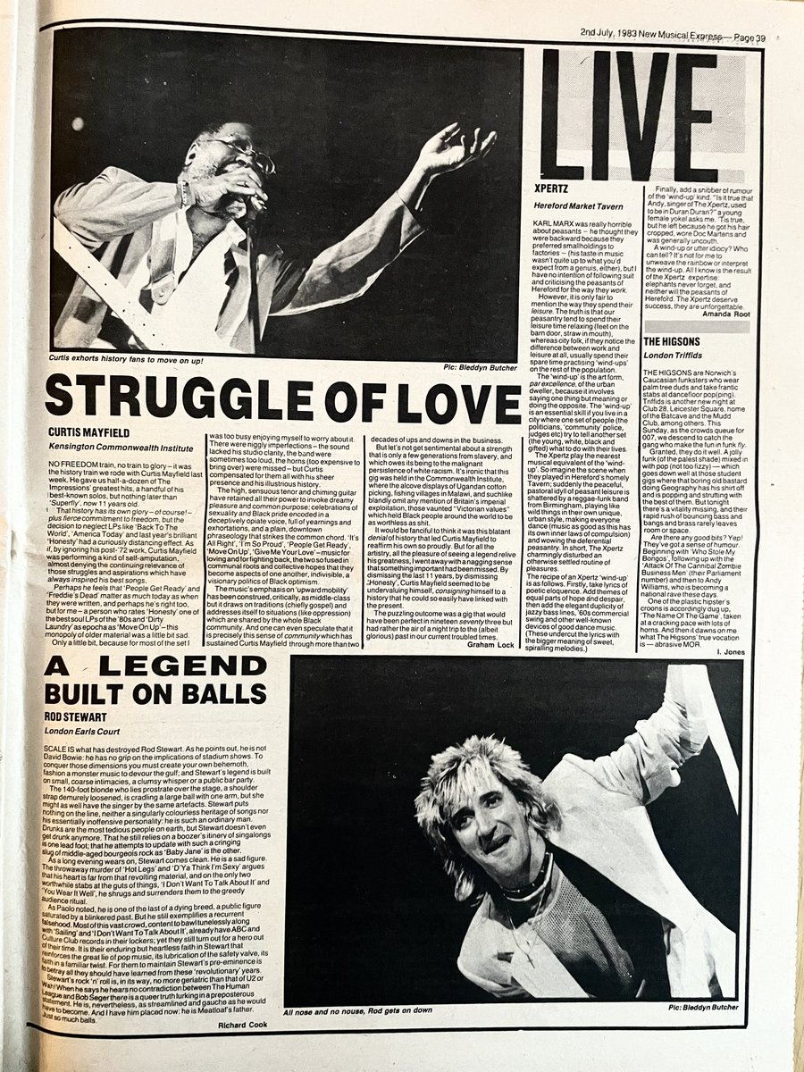 Curtis Mayfield, Rod Stewart, The Higsons, Xpertz.
Live reviews, New Musical Express, 2 July 1983.