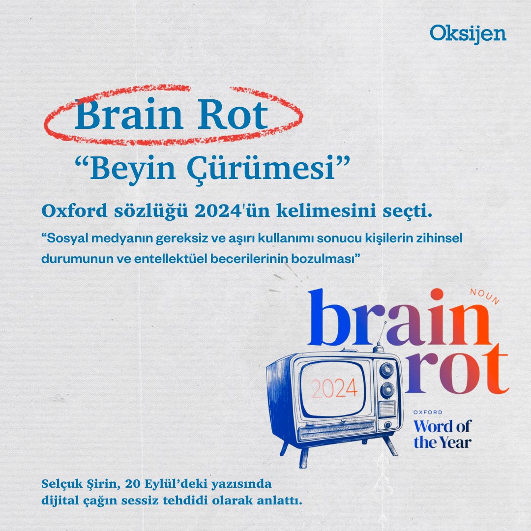 GazeteOksijen's tweet photo. Oxford Sözlüğü 2024'ün kelimesini seçti: Brain rot, yani beyin çürümesi 🧠⁠⁠ Brain rot furyasına yazarımız Selçuk Şirin, 20 Eylül tarihli Gazete Oksijen'de değinmişti. Selçuk Şirin "Dijital çağın sessiz tehdidi" olarak nitelediği kavram için, "Brain rot ya da beyin çürümesi aşırı ekran süresinin neden olduğu zihinsel bulanıklık, halsizlik, dikkat süresinin kısalması ve bilişsel gerileme durumları için kullanılıyor. Eğer ekranda amaçsızca dolaşmaya çıkıp saatler harcıyor ama baktığınız içeriklerin hiçbirini hatırlamıyorsanız siz de beyin çürümesi yaşamış olabilirsiniz" ifadesini kullanmıştı. https://t.co/TH2Xg4Ou5Y  ⁠ ⁠ 
#GazeteOksijen #OksijenGazetesi #BrainRot #OxfordWOTY