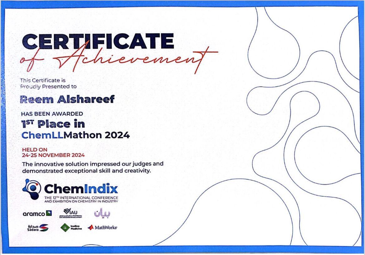 تهنئ كلية علوم الحاسب وتقنية المعلومات منسوباتها المشاركات في هاكاثون  #ChemLLMathon 
المصاحب لمؤتمر #Chemindix2024

ابرار العتيبي و ريم الشريف 
باشراف د.دينا العباد لحصولهم على المركز الاول