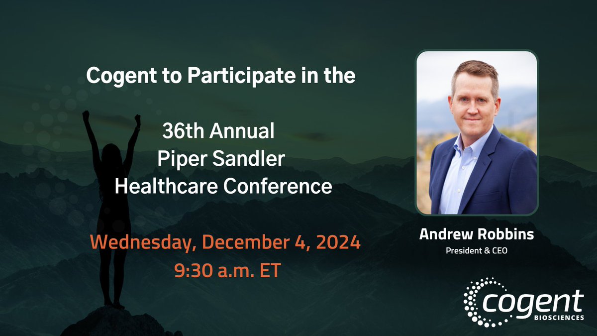 Cogent Biosciences (@cogentbio) on Twitter photo Join us December 4th for our fireside chat at the
36th Annual <a href="/Piper_Sandler/">Piper Sandler</a> Healthcare Conference. The live webcast begins at 9:30 AM ET. Register and listen here: investors.cogentbio.com/events Join us December 4th for our fireside chat at the
36th Annual <a href="/Piper_Sandler/">Piper Sandler</a> Healthcare Conference. The live webcast begins at 9:30 AM ET. Register and listen here: investors.cogentbio.com/events