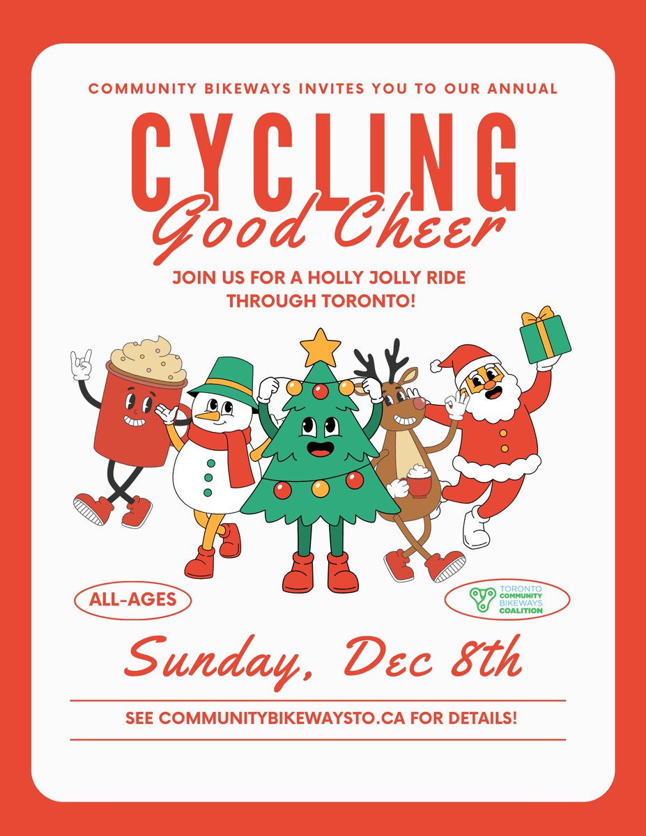 Get ready to .... SMILE, LAUGH + ENJOY the festive season with a bicycle ride with Santa, Rudolf + the reindeer, elves, Frosty + the Grinch. Four starting points around the city. Sun, Dec 8. The forecast is for perfect sledding &amp; cycling. See: communitybikewaysto.ca/events/cycling…