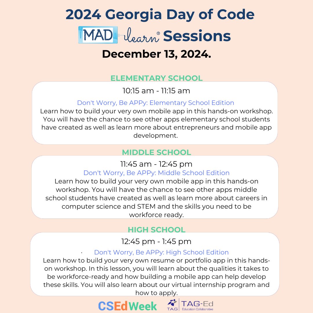 MADLearn's tweet image. MARK YOUR CALENDAR for the 2024 Georgia Day of Code and join us on December 13 for these awesome virtual @MADLearn sessions! To register, visit: tag.growthzoneapp.com/ap/Form/FillV2…
#CSEdWeek #GADayofCode #GeorgiaDayofCode #DayofCode #TEACHers #educators #STEM @DCGASchools @dcsdctae