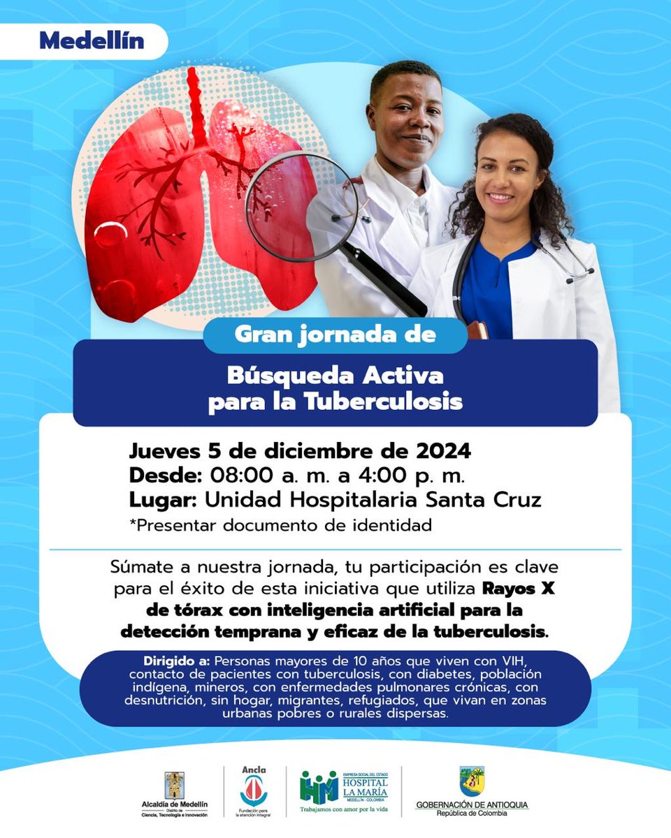 Según la <a href="/opsoms/">OPS/OMS</a> en #2023 10.8 millones de personas en el 🌎contrajeron #tuberculosis. 

Aunque es una enfermedad presente en todos los países y grupos de edad, se puede prevenir y curar. 

#EstaSemana se desarrollaran jornadas para tal fin en #Medellín, comienzan el #jueves: