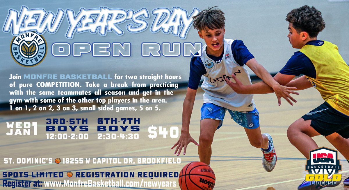 Join us for our 6th annual New Year’s Day Open Run. The best way to improve to is compete against live defense. monfrebasketball.com/newyears