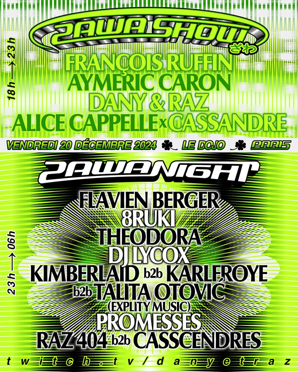 Promesses (@_promesses) on Twitter photo Nouveau Zawa Show le vendredi 20 décembre au Dojo de Paris co-organisé avec <a href="/DanyCaligula/">Dany ざわ 🏴☠️</a> & <a href="/raaz404/">raz 🧌</a>!
<a href="/Francois_Ruffin/">François Ruffin</a> <a href="/CaronAymericoff/">Aymeric Caron</a> <a href="/CassCendre/">Cassandre</a> <a href="/FlavienBerger/">Flavien Berger</a> @Ruki88_8 <a href="/theodorabossy/">Boss lady 💋🇨🇩</a> <a href="/djlycox/">l y c o x 🦅</a>
Flyer: Bravas Graphix Nouveau Zawa Show le vendredi 20 décembre au Dojo de Paris co-organisé avec <a href="/DanyCaligula/">Dany ざわ 🏴☠️</a> & <a href="/raaz404/">raz 🧌</a>!
<a href="/Francois_Ruffin/">François Ruffin</a> <a href="/CaronAymericoff/">Aymeric Caron</a> <a href="/CassCendre/">Cassandre</a> <a href="/FlavienBerger/">Flavien Berger</a> @Ruki88_8 <a href="/theodorabossy/">Boss lady 💋🇨🇩</a> <a href="/djlycox/">l y c o x 🦅</a>
Flyer: Bravas Graphix