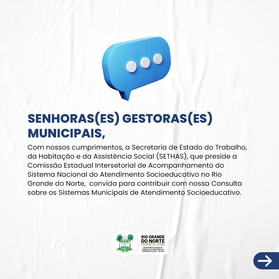 rnsethas's tweet image. SETHAS realiza consulta aos municípios sobre Sistemas Municipais de Atendimento Socioeducativo (SIMASE)

Veja mais: instagram.com/p/DDFpu3WI7pV/