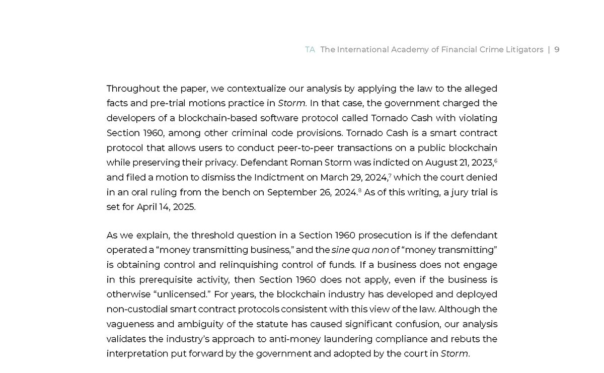 1/ DOJ thinks non-custodial smart contract protocols are “money transmitting businesses” and DeFi developers who build them could be criminals.

DOJ is wrong.

In this paper, <a href="/dbarabander/">Daniel Barabander</a>, <a href="/amandatums/">Amanda Tuminelli</a>, and I explain how DOJ misunderstands 18 USC § 1960 👇

edit.financialcrimelitigators.org/api/assets/cd6…
