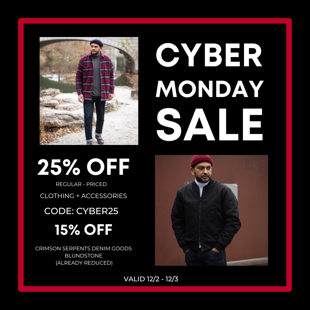 csoutpoststl's tweet image. Our Cyber Monday sales event is live! Save 25% on select items and 15% on Crimson Serpents Denim Goods and Blundstone boots. We’re offering free USA shipping on all orders over $80.

bit.ly/shopcsoutpost