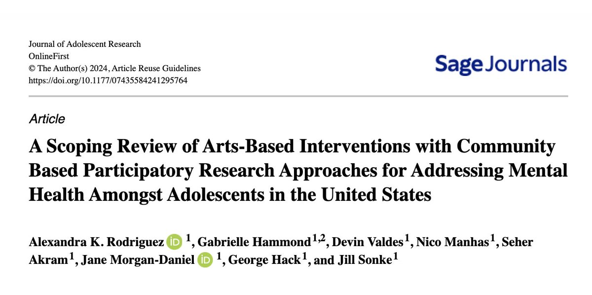 ✨New Publication✨

In this review, we considered how forms of arts participation are equitably leveraged to address &amp; mitigate the complexities of adolescent mental illness.

Check out the article!
doi.org/10.1177/074355…

#ArtsandHealth #ArtsinPublicHealth #MentalHealth #CBPR
