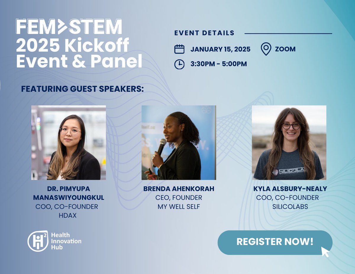 HealthInnovationHub (@h2i_uoft) on Twitter photo Join H2i on Jan 15th as we kickoff FemSTEM 2025!
This year's interactive panel will feature three remarkable health entrepreneurs: Dr. Pimyupa Manaswiyoungkul (<a href="/HDAXtx/">HDAX Therapeutics</a>), Brenda Ahenkorah (My Well Self) & Kyla Alsbury-Nealy (<a href="/SilicoLabs/">SilicoLabs - Capture Behaviour</a>).
Register now: bit.ly/FemSTEMKickoff… Join H2i on Jan 15th as we kickoff FemSTEM 2025!
This year's interactive panel will feature three remarkable health entrepreneurs: Dr. Pimyupa Manaswiyoungkul (<a href="/HDAXtx/">HDAX Therapeutics</a>), Brenda Ahenkorah (My Well Self) & Kyla Alsbury-Nealy (<a href="/SilicoLabs/">SilicoLabs - Capture Behaviour</a>).
Register now: bit.ly/FemSTEMKickoff…