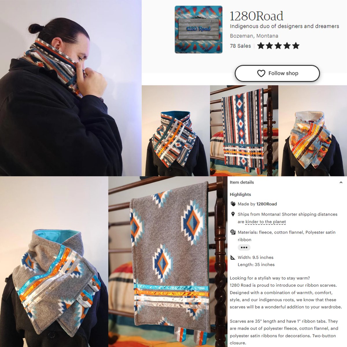 LakotaBourne's tweet photo. My mom and my sister are an Indigenous designer duo who make ALOT of beautiful things. They have an Etsy shop up right now and currently have some of these works for sale! Custom ribbon skirts and regalia for dolls and these SUPER warm two-button scarves, plus much more to come. Stop by the 1280Road shop and take a look! Wopila 🖤❤️💛🤍

https://t.co/F0zdtCc57b