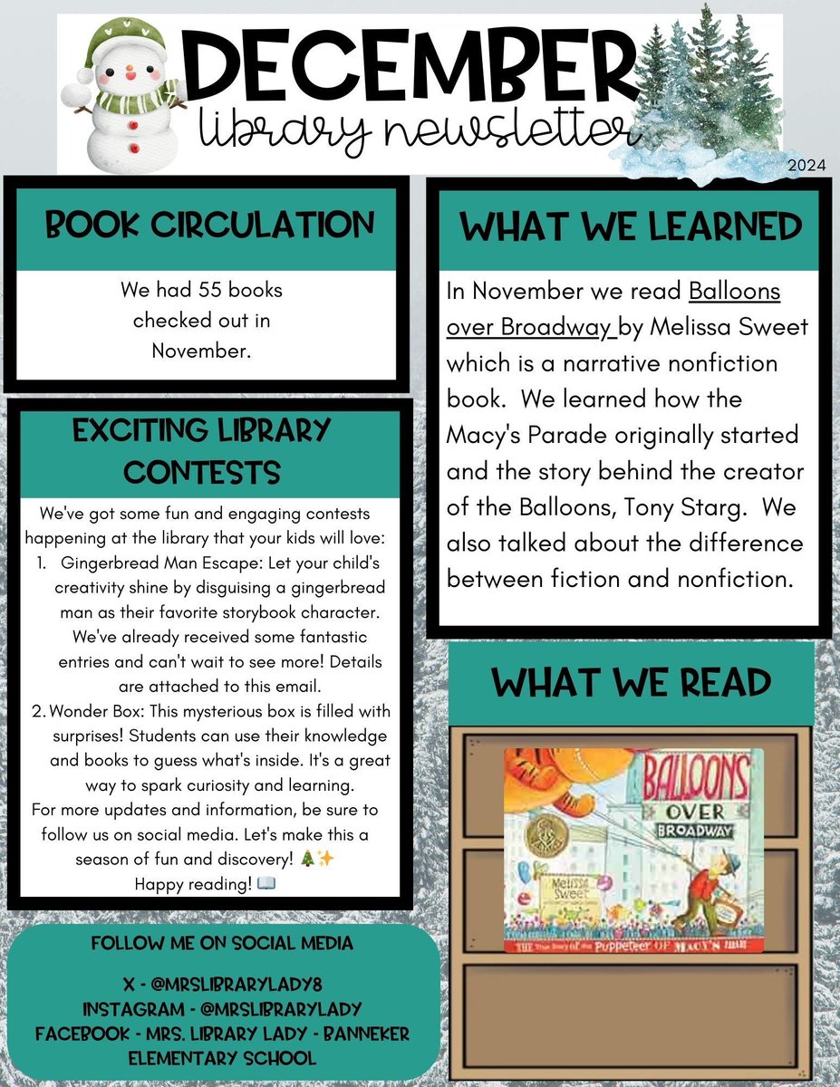 MrsLibraryLady8's tweet image. Remember to check your inbox at 5:00 PM today for the library&apos;s December newsletter! It includes highlights from last month&apos;s events, current news, and exciting contests. Enjoy reading! #LibraryUpdates #StayInformed