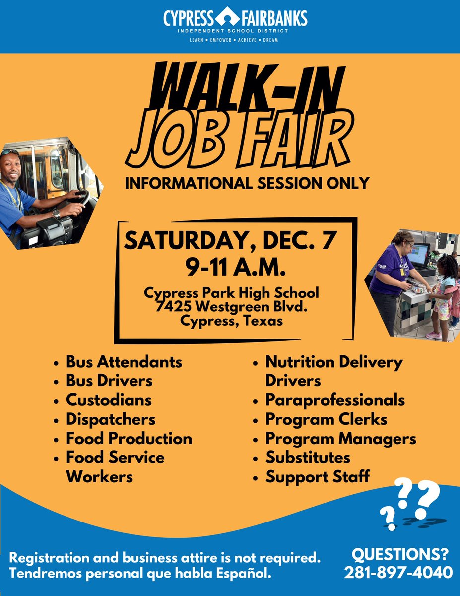 Cypress-Fairbanks ISD (@cyfairisd) on Twitter photo .<a href="/CFISD_HR/">CFISD - HR</a> welcomes you to a Walk-In Job Fair on Dec. 7 from 9-11 a.m. at <a href="/CypressParkHS/">Cypress Park HS</a>. Several departments including <a href="/CFISDCOMMPROG/">CFISD COMMUNITY PROGRAMS</a>, <a href="/CFISDbus/">CFISD Transportation Services</a> & <a href="/PowerUpCafe/">Cy-Fair Nutrition</a> will be represented. Call 281-897-4040 with any questions. .<a href="/CFISD_HR/">CFISD - HR</a> welcomes you to a Walk-In Job Fair on Dec. 7 from 9-11 a.m. at <a href="/CypressParkHS/">Cypress Park HS</a>. Several departments including <a href="/CFISDCOMMPROG/">CFISD COMMUNITY PROGRAMS</a>, <a href="/CFISDbus/">CFISD Transportation Services</a> & <a href="/PowerUpCafe/">Cy-Fair Nutrition</a> will be represented. Call 281-897-4040 with any questions.