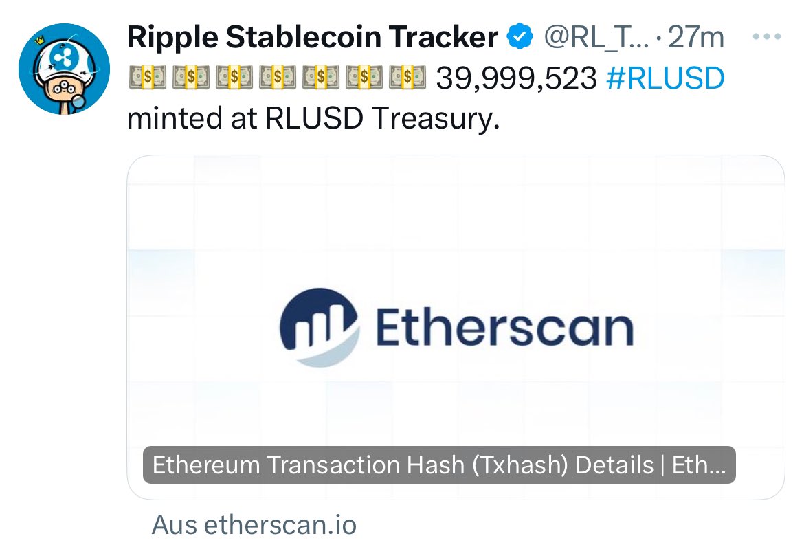_Crypto_Barbie's tweet photo. 🚨 BREAKING:

50,159,223 ‚RLUSD‘ GOT MINTED AT RLUSD TREASURY IN THE LAST HOUR! ⏰ 

RIPPLE IS GETTING READY TO LAUNCH THEIR STABLECOIN! 🪙 #XRP https://t.co/ZqqqN8rcFq