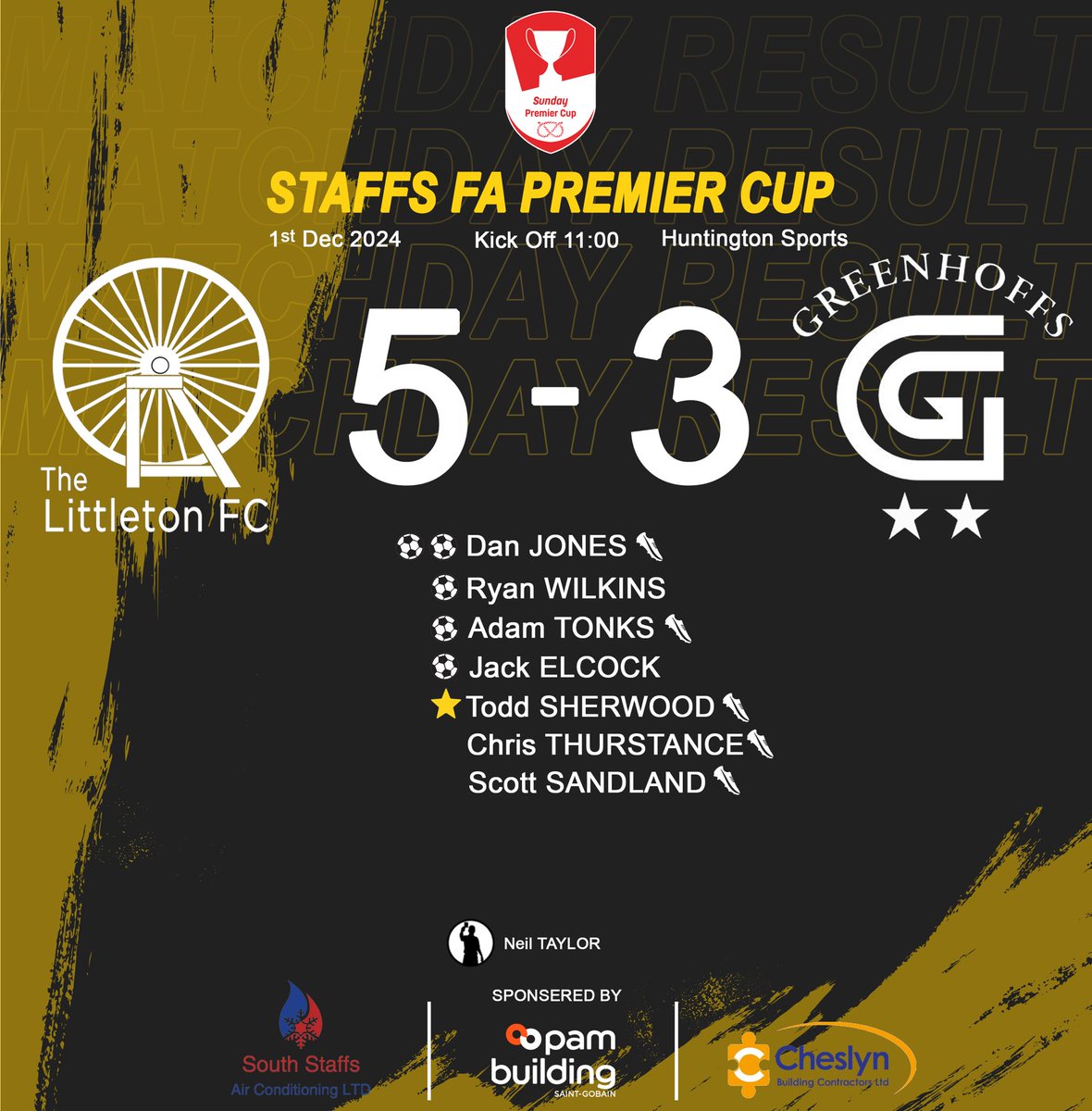 MATCHDAY RESULT

LITTLETON ARMS FC 5-3 GREENHOFFS FC

👑 MOTM: T. Sherwood (They simply couldn’t cope with him)

⚽️⚽️ D. Jones
⚽️ R. Wilkins
⚽️ A. Tonks
⚽️ J. Elcock

🅰️ D. Jones
🅰️ T. Sherwood
🅰️ A. Tonks
🅰️ C. Thurstance
🅰️ S. Sandland

Into the Semi Final we go!

#UPTHECOGGERS