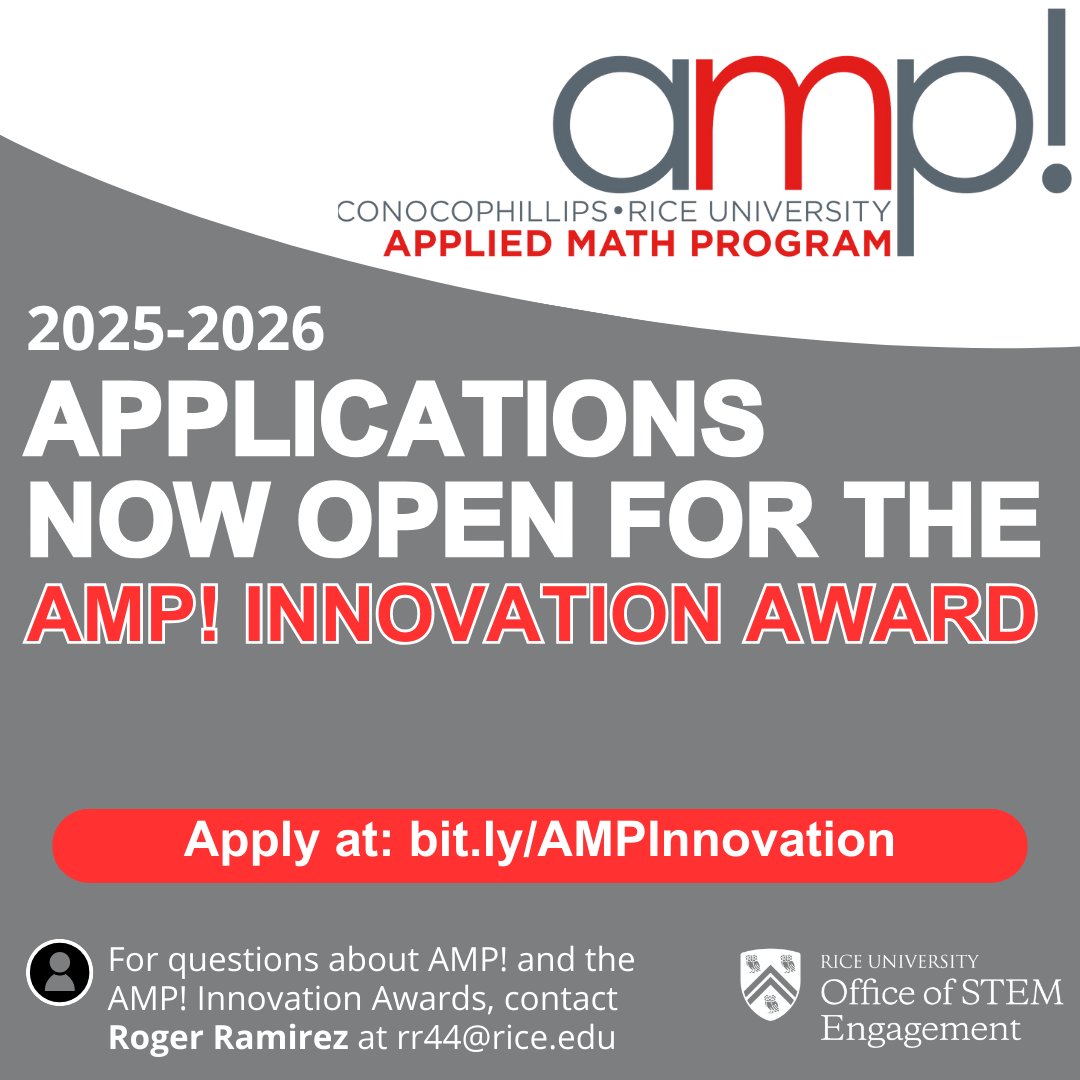 R-STEM (@riceu_stem) on Twitter photo Applications are now OPEN for the 2025-2026 @ConocoPhillips AMP! Innovation Awards at <a href="/RiceUniversity/">Rice University</a>! Bring your bright ideas to life and make a lasting impact on your school and community. Open to current and past AMP! participants. bit.ly/AMPInnovation Applications are now OPEN for the 2025-2026 @ConocoPhillips AMP! Innovation Awards at <a href="/RiceUniversity/">Rice University</a>! Bring your bright ideas to life and make a lasting impact on your school and community. Open to current and past AMP! participants. bit.ly/AMPInnovation